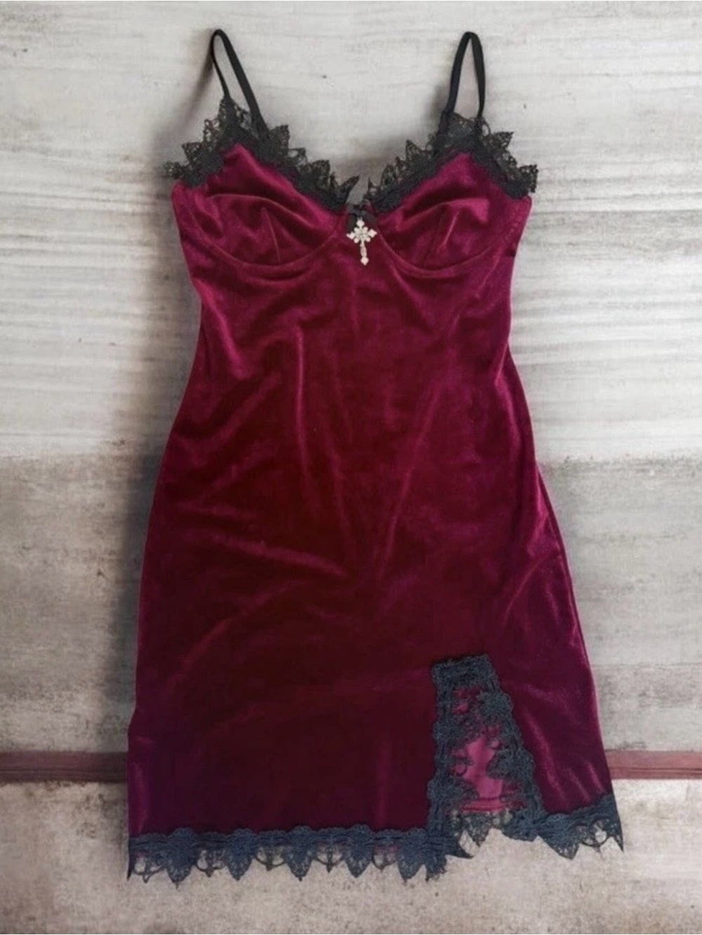 Gothic dark red Velvet Slip mini Dress with Black lace Trim-cross at corset bust